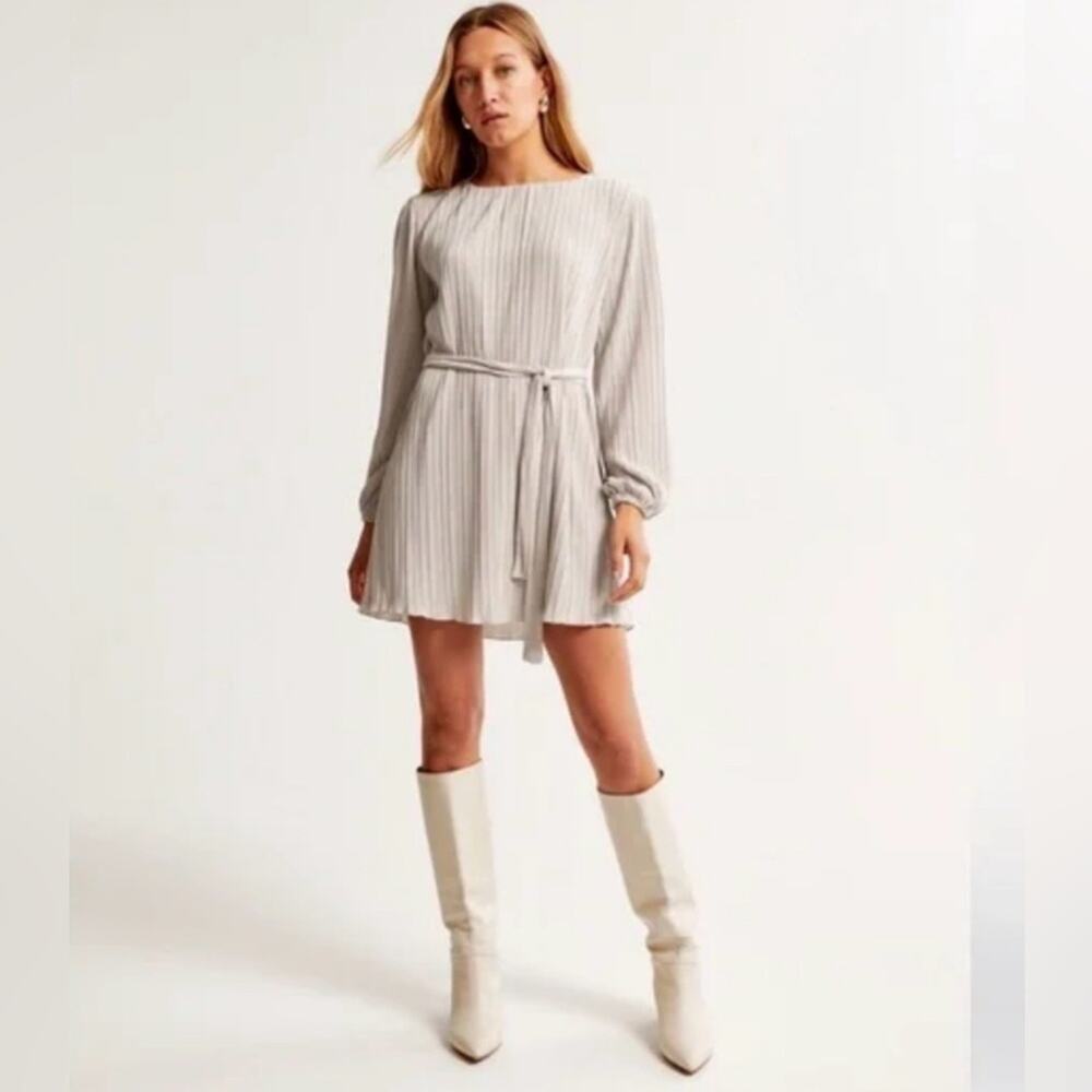 ABERCROMBIE & FITCH Satin Plisse Easy pleated long sleeve mini shift dress XL